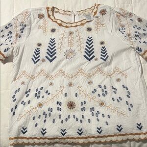 Main Strip White and Blue Embroidered Blouse